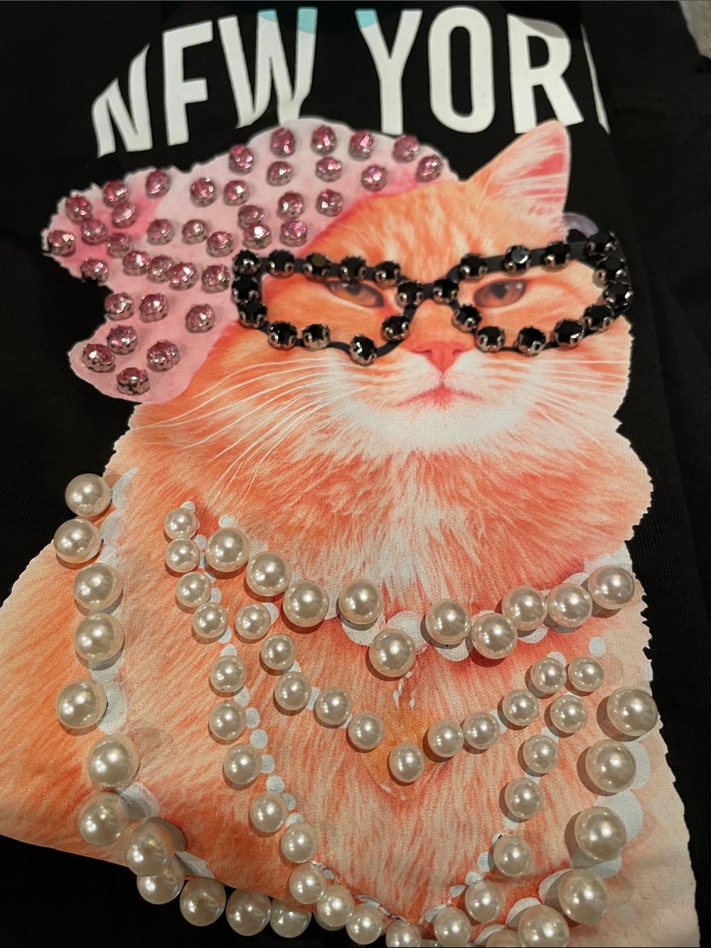 Black Cat Graphic Tee with Pink Accents - Pearl Necklace Design